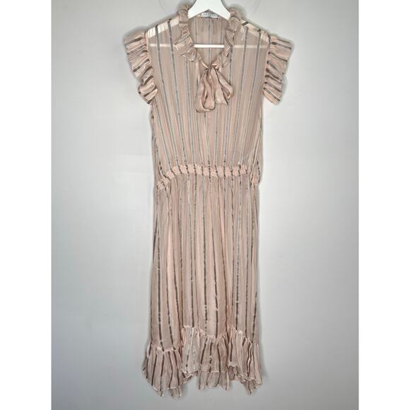 Sandro Cuba To Paris Maki Sheer Overlay Striped Silk Midi Dress Blush Women's 38 - Picture 2 of 13